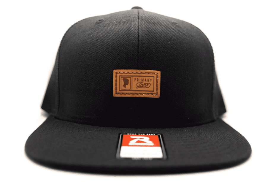 PJ Leather Logo Black Snapback Front View